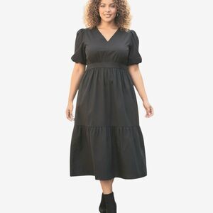 French Connection Puff Sleeve‎ Maxi Dress 2X 100% Cotton Tiered Black XXL